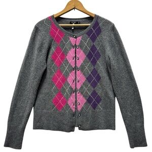 Apt 9 Argyle Cashmere Cardigan Sweater Medium Gray Purple Preppy School Girl